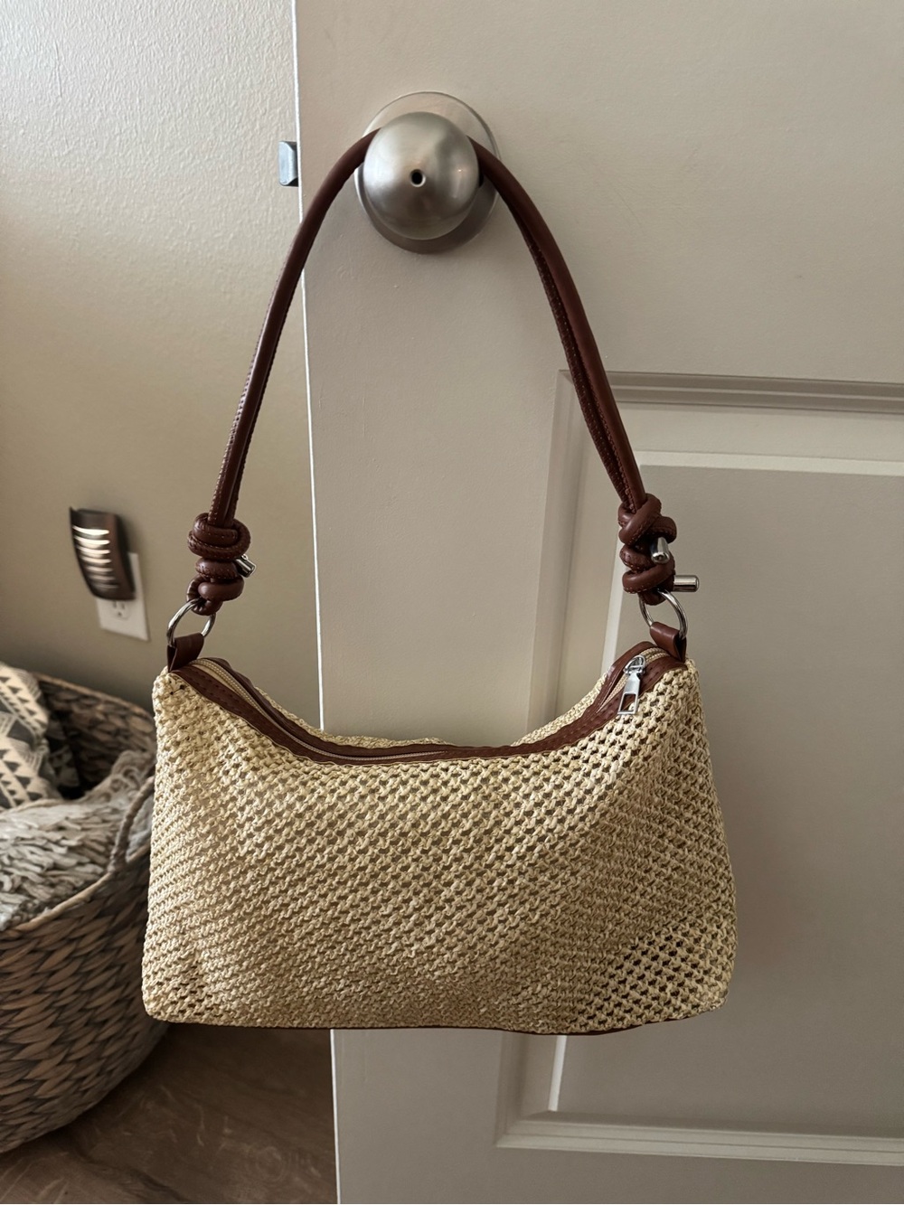 Source Unknown Beige Woven Hobo with Brown Leather Strap, Bird in a bag.